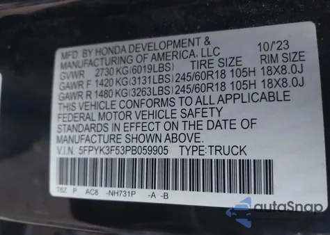 2023 Honda Ridgeline Rtl z USA, uszkodzony, nr VIN 5FPYK3F53PB059905